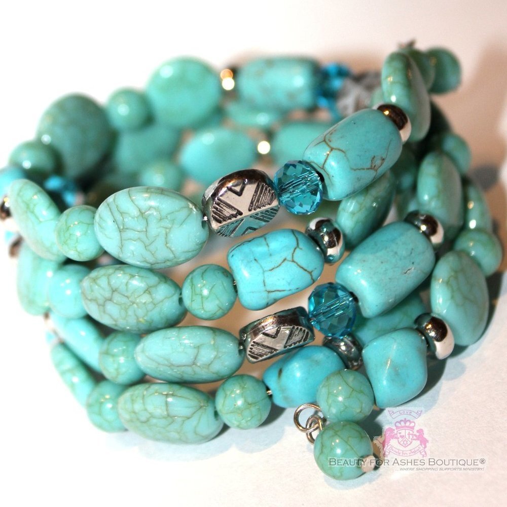 Rustic Adjustable Chunky Beaded Faux Turquoise Stone Silver Coil Bracelet NWT